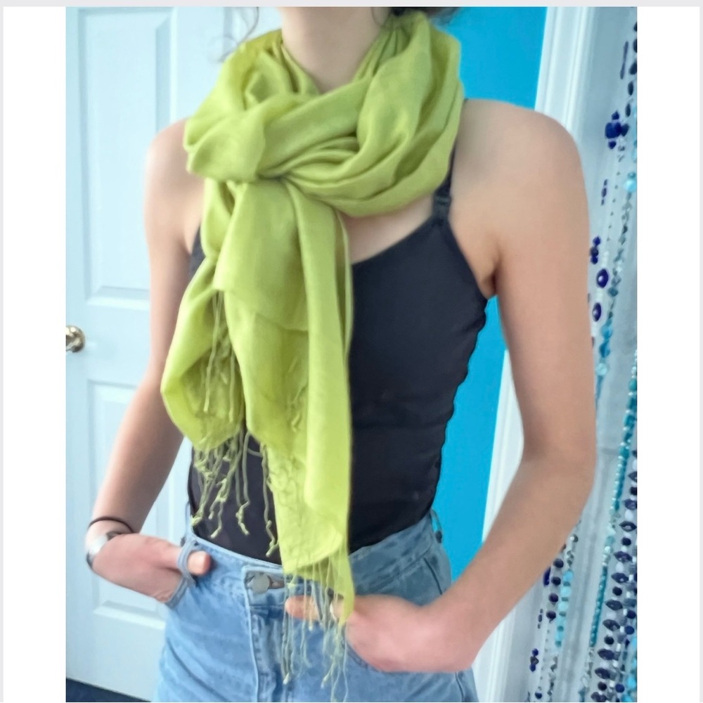 Lustrous Apple Green Long Scarf with Delicate Fringe – Classic Light Chartreuse